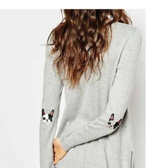 Asos Gray Crewneck Sweater with French Bulldog elbow patch Womens Size 4 Knit - Picture 3 of 8